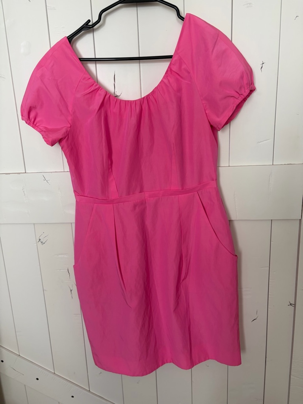 VTG J. Crew Hot Pink Scoop-Neck Mini Dress with Puff Sleeves